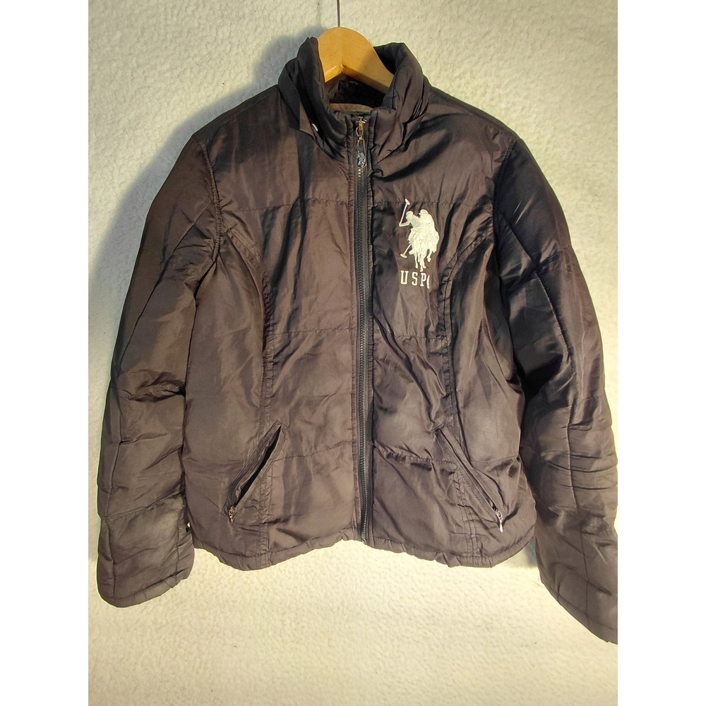 USPA Puffer Jacket Mens Black Quilted Full Zip Embroidered Logo Mock Neck Coat
